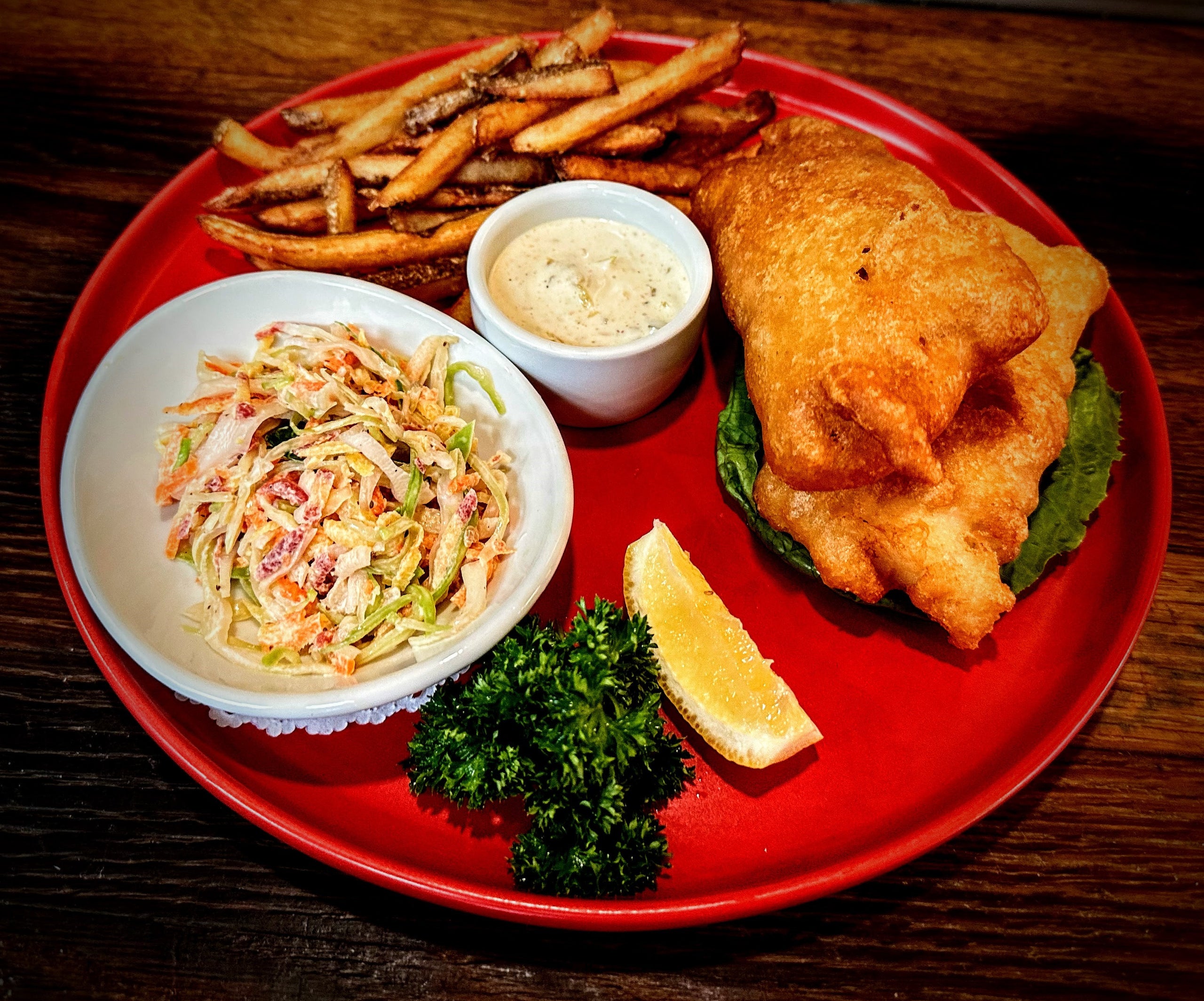 Beer Battered Fish & Chips With Coleslaw & Homemade Tartar Sauce The